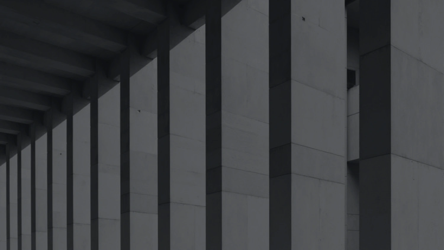 Pórtico de concreto en blanco y negro: columnas y luz rasante sobre el piso