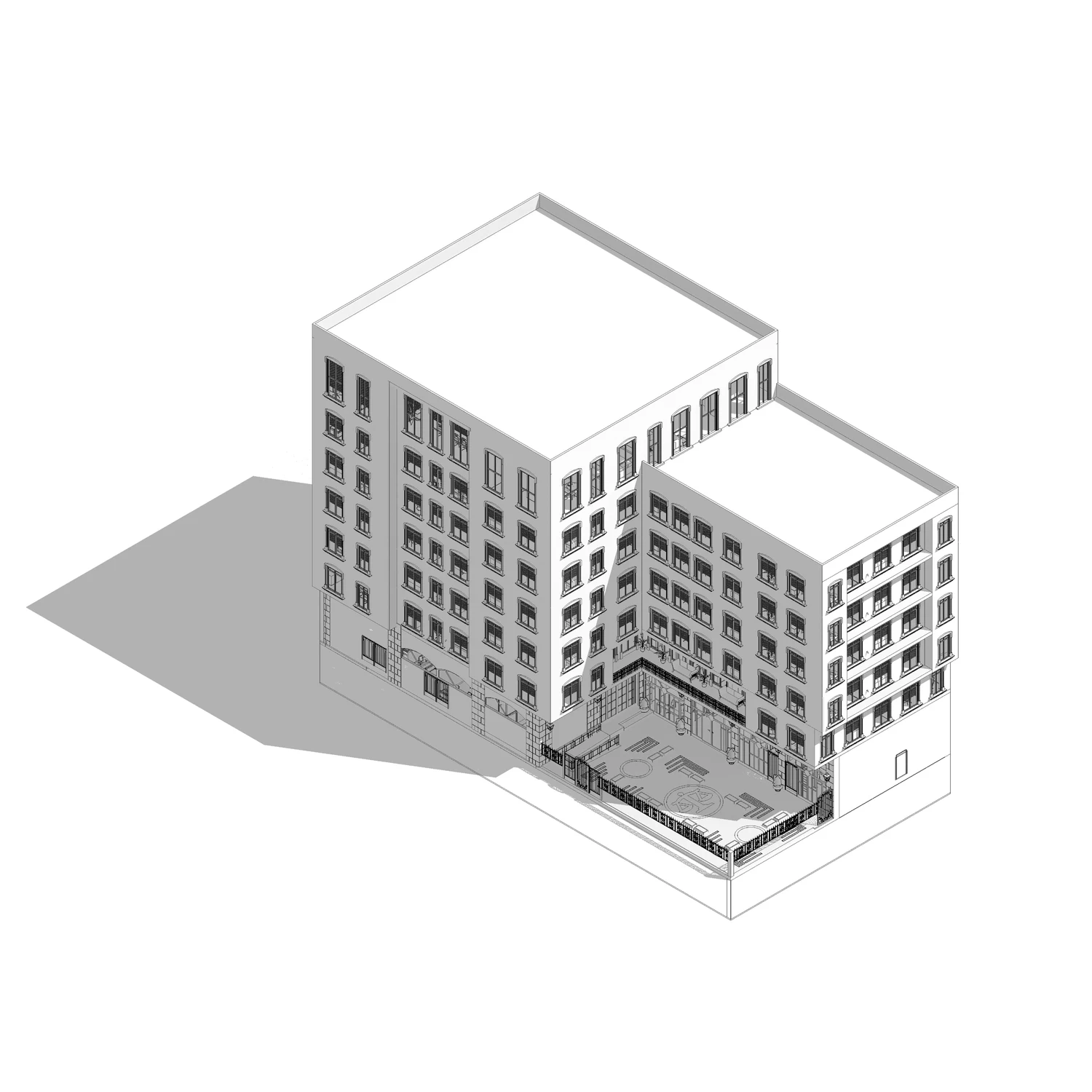 Modelo BIM en axonometría del Tribunal Electoral del Estado de México: edificio de seis niveles con patio interior